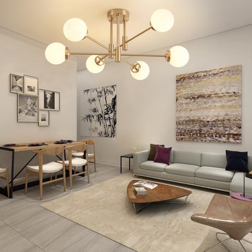 Image of Gold Sputnik Ceiling Light Fixture 6 Light with Milk White Glass Shade