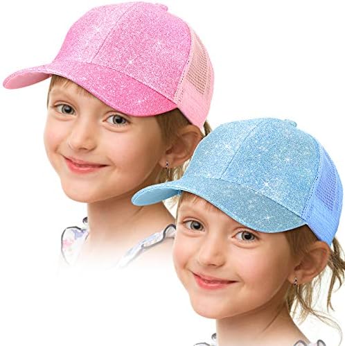 Geyoga Girls Glitter Hat Ponytail Baseball Hat for Little Girl with High Bun Messy Ponytail Hole Visor Cap (Pink, Sky Blue,2 Pieces)