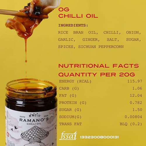 Image of RAMANO'S OG Chilli Oil 240 GM Each with 5 Handpicked Chillies, Garlic & Sichuan Peppercorn, Crispy Spicy Dip for Pizza, Noodles, Drizzling for Ramen & Dumpling, Chilli Food Oil for Cooking (Pack of 2)