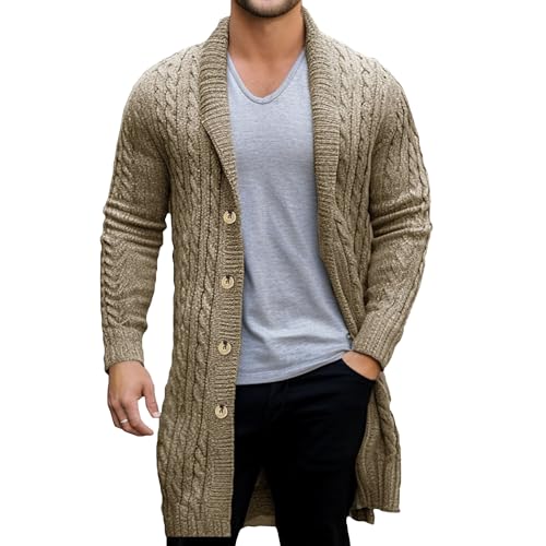 Men's Mid-Long Twist Knited Sweater Casual Button Down Open Front Cardigan Shawl Collar Chunky Overcoat