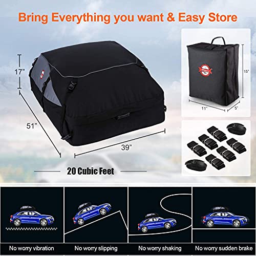 Sailnovo Rooftop Cargo Carrier, Car Roof Bag 20 Cubic Feet Waterproof Car Top Carrier Vehicle Softshell Rooftop Carriers, For All Cars With/Without Rack With 8 Reinforced Straps, Storage Bag #TOP5