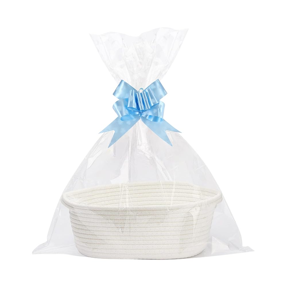 Cesta de cuerda tejida con bolsas de celofán y lazos para almacenamiento y regalos