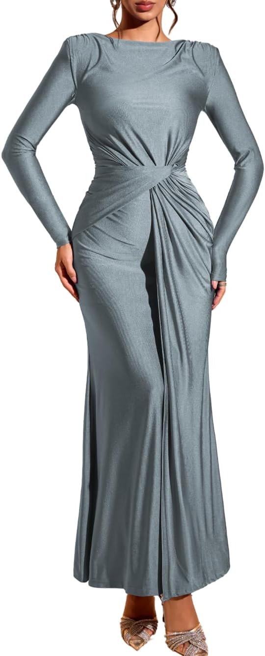 Floor-Length Bodycon Dress, Boat-Neck Ruched, Fall Long Sleeve, Semi-Formal Cocktail Evening-Gowns for Women
