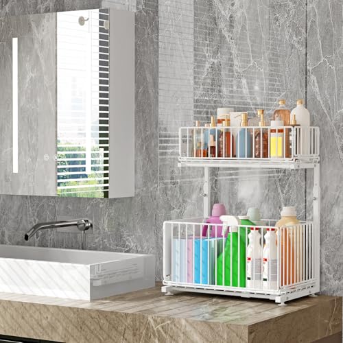 LANTUS Rangements sous Evier Organisateur Coulissant,Paniers Coulissants, Empilable,Étagères pour Placard Meuble Cuisine Salle Bain,26,5 x 38 x 48,5 cm, Forme L (Blanc) – vue 4