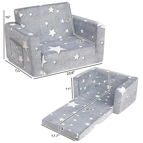 ALIMORDEN 2-in-1 Toddler Fold Out Couch, Comfy Convertible Sofa to Lounger, Glow-in-The-Dark Star Pattern Foam Seat for Little Ones with Removable Washable Cover image 3