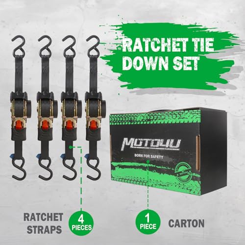 MOTO4U Retractable Ratchet Straps,1" x 10' Self Ratcheting Ratchet Tie Down Straps with,Heavy Duty Upgrade S-Hook 660LBS for Motorcycle Kayak ATVs Boats(4PCS) - Thumbnail 4