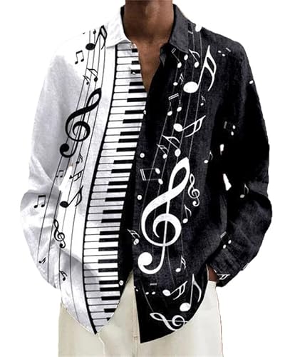 keephen Men's Long Sleeve Musical Notes Print Shirts Lapel Button-Down Cardigan Regular Fit Casual Holiday Outdoor Shirts for Spring Autumn