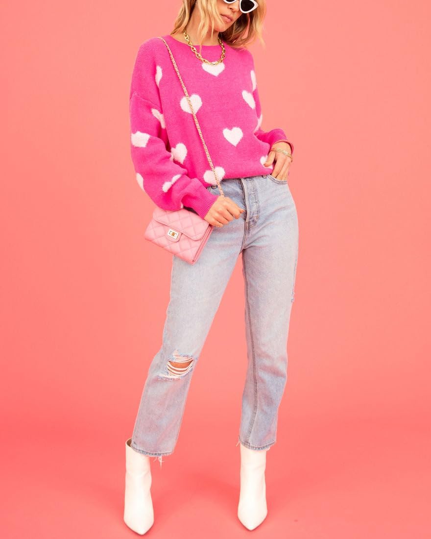 Cute Pink Heart Sweater for Women Knitted Love Sweaters Tops Holiday Outfits Crewneck Long Sleeve Pullover Shirts - Image 4