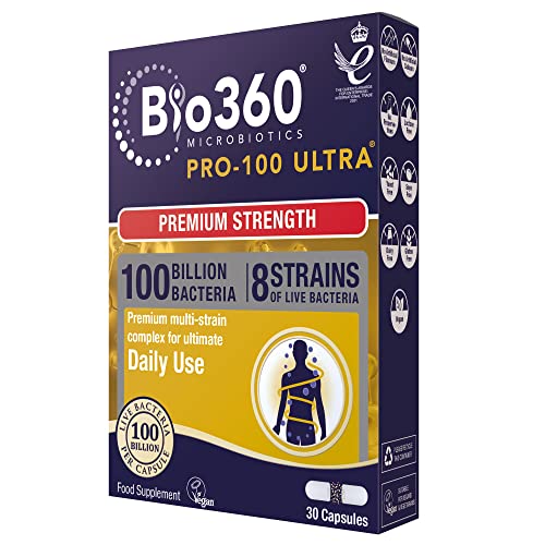Natures Aid Bio360 Pro-100 Ultra Probiotic 100 Billion Bacteria CFU – High Strength Vegan Supplement Supports Digestive Health, Immunity, Gut Flora & Energy – Gluten-Free, Non-GMO - 30 Capsules