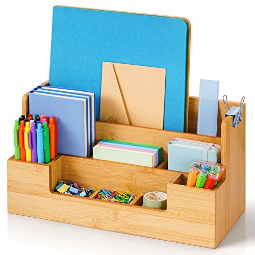 Marbrasse Bamboo Desk Organizer with Handle, Office Supplies Desk organizers and Accessories, All-in-One Desk File Organizer with Pencil Holder, 9 Compartments Storage Caddy