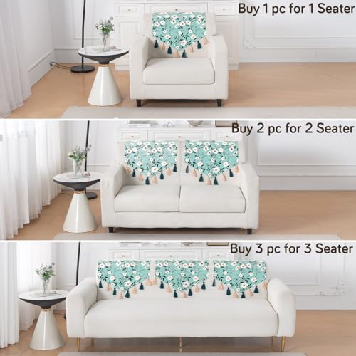 Image of HOKIPO Premium Sofa Backrest Cover Mat | Printed Holland Velvet with Tassels | 'Whispers of Nature' Sage Floral Vine (IN-1116-D8)