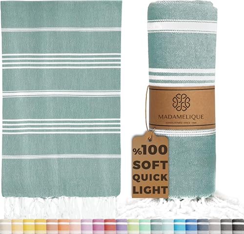 Madamelique Turkish Beach Towel Oversized - 39 x 74 - Quick Dry - Sand Free - Extra Large - Prewashed Beach Towels - Summer Gift - Beach Essentials - Travel Towel (Mediterranean Without Bag, Teal)