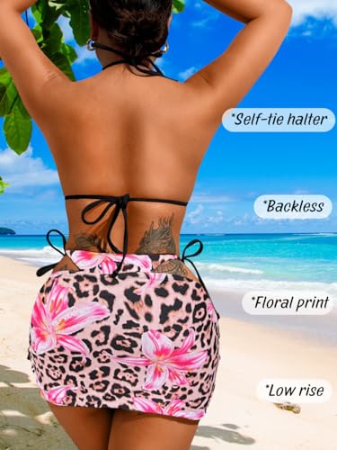 Image of ShawGobow Womens 3 Piece Leopard Bikini Set,Triangle String High Cut Thong Sexy Swimsuit & Coverup Skirt,Pool Party Outfit