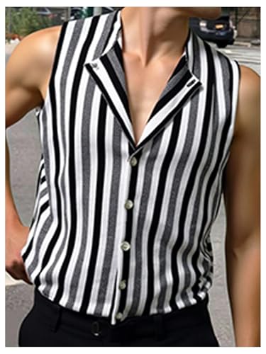 Men's Striped Button Down Knit Tank Tops Lapel V Neck Sleeveless Knit Vest Tops2
