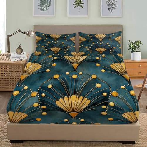 Double Bed Fitted Sheet Double 54x75 inch Extra Deep Pocket (30cm) Bed Sheets Gold Fan Pattern Art Soft Microfiber Breathable Fitted Sheets, Dark Cyan Shrinkage & Fade Resistant Bedding