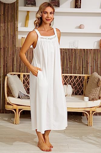 YOZLY Cotton Nightgowns for Women Embroidery Sleeveless Night Gown with Pockets S-XXXL4