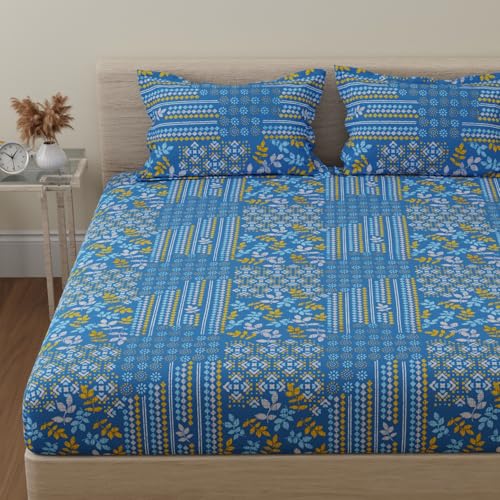 Image of Huesland by Ahmedabad Cotton 144 TC Cotton Elastic Fitted Bedsheet for Double Bed with 2 Pillow Covers | 60 x 78 inches