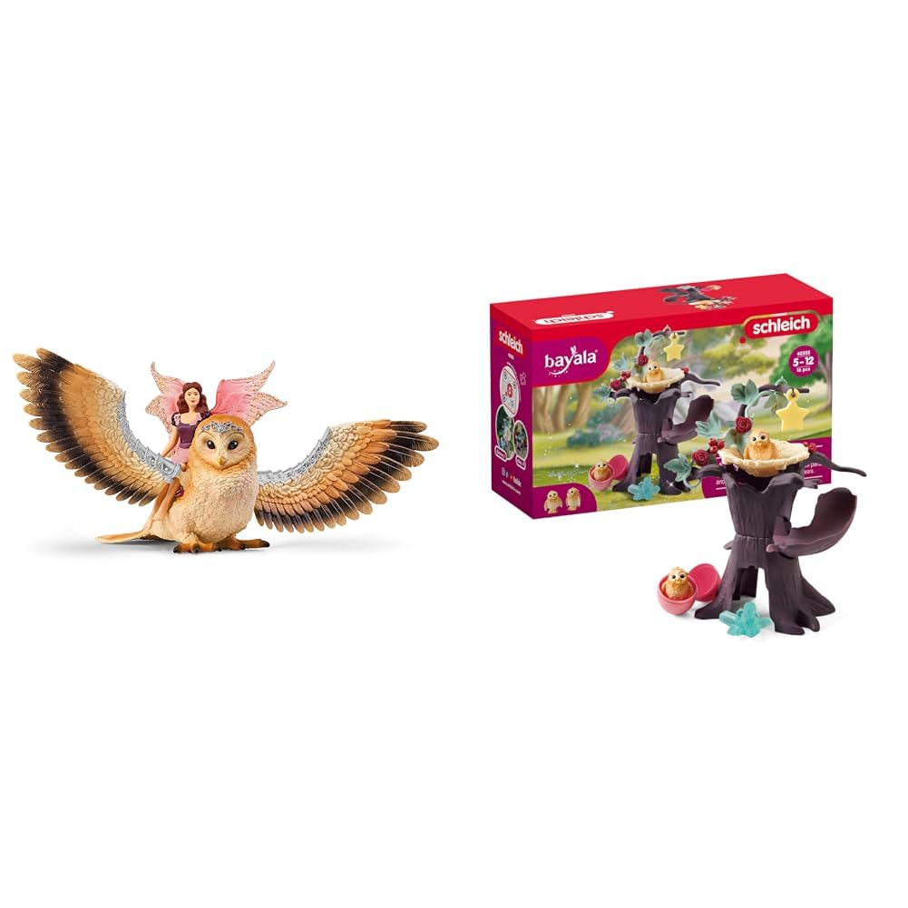 SCHLEICH 70789 Elfe auf Glitzer-Eule, für Kinder ab 5-12 Jahren, BAYALA - Spielfigur & 42525 Schlüpfende Babyeulen, für Kinder ab 5-12 Jahren, BAYALA - Spielset