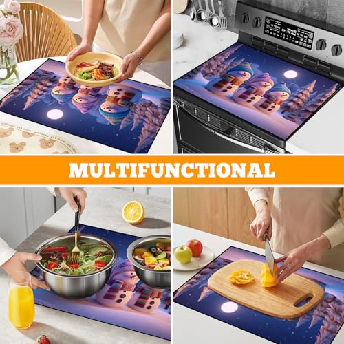 Image of Christmas Multi-Design Stove Cover for Glass /Electric Stoves - 3-in-1 Heat-Resistant Protector Mat, Non-Slip Drying Rack 28 inchx20 inch