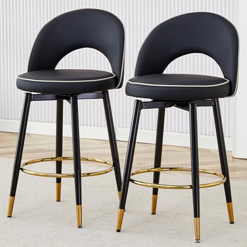 Bar Stools for Dining Room, 2PCS Counter Stools with Smooth and Beautiful Metal Legs 360 ° Rotatable PU Comfortable Upholstered Swivel Bar Stools for Guest Office Chair (Black + PU + Bar Stools)