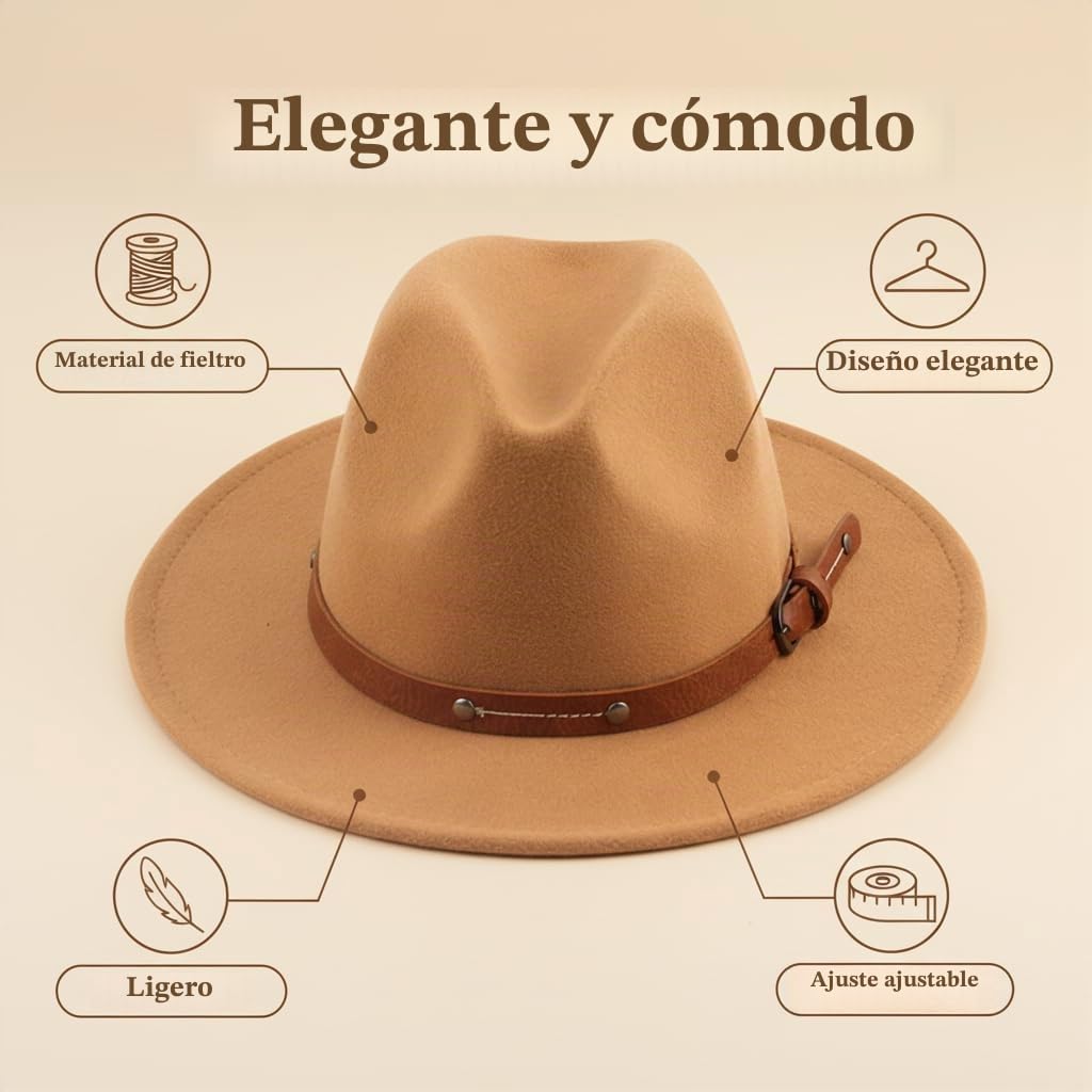 QUUPY Sombrero Fedora clásico de fieltro caqui de ala ancha, sombrero de Panamá para otoño e invierno, sombrero de jazz con remache cinturón hebilla banda y cordón ajustable