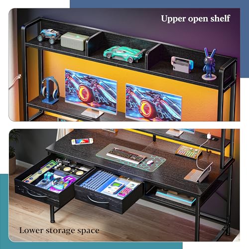 Image of DurayLoly Computer Desk with Shelves and Drawers for Bedroom,Black | Neck&Waist Strain Relief Monitor Stand, Vision-protect RGB LED Suited for Students&Office Sitters