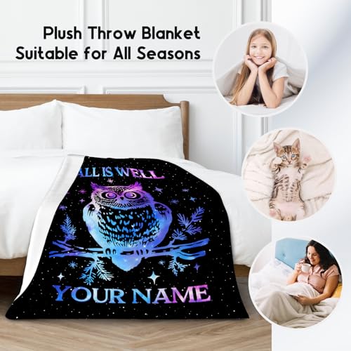 Custom Owl Blanket for Women, Cute Soft Throw Gifts for Girls, Cozy Flannel Throw Blankets for Couch Office, Black 60"x80"