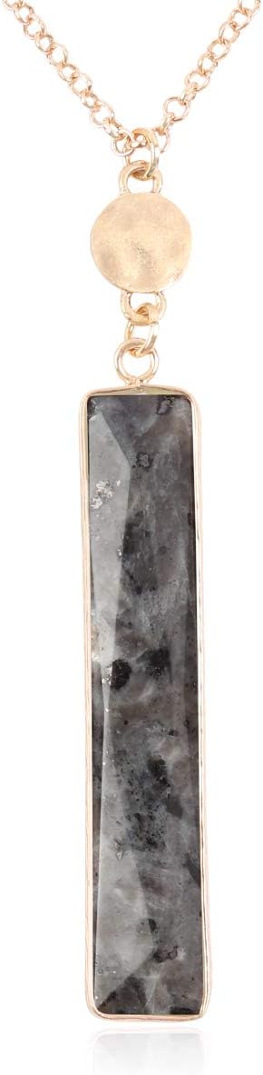 RIAH FASHION Bohemian Natural Stone Geometric Pendant Long Necklace - Simple Rectangle Bar Charm Layering Statement Layer Chain Marble Quartz