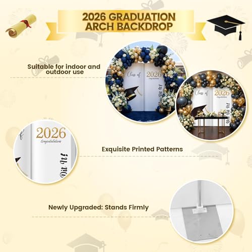 Class of 2026 Graduation Arch Backdrop Stand, 7.3ft Congrats Grad Arch Cover Backdrop Black White Gold Round Top Photo Booth Backdrops Stand Covers for 2026 Graduation Party Background Decorations by FEYG - Used condition - Image 6