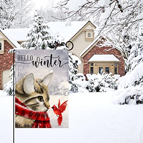 Wintercatgardenflag12x18verticaldoublesidedcardinalbirdsnowchristmasholidayoutsidedecorationsburlapyardflagbw230  Urban Country Home Decor Winter cat garden flag 12×18 vertical double sided cardinal bird snow christmas holiday outside decorations burlap yard flag bw230  urban country home decor