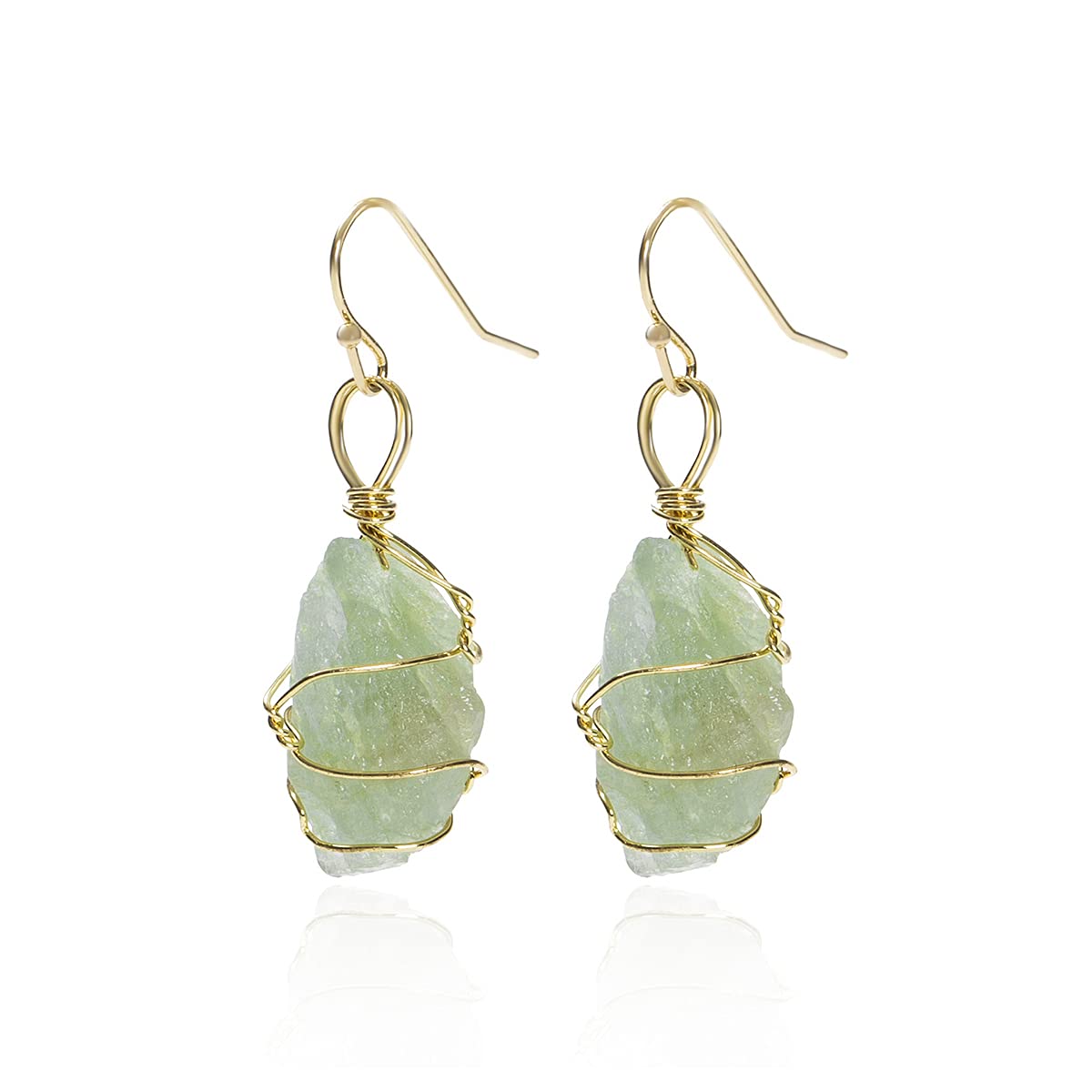 Green Fluorite Delicate Stone Charm Gold Plated Drop Earrings, Wire Wrapped Crystal Gemstone Dangle Earrings