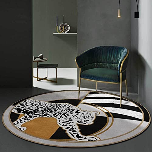 Alfombra Lavable Antideslizante, Alfombras Redonda Pelo Corto, Geometría Empalme Leopardo Blanco Y Negro Oro Dormitorio Sala de Estar sofá Silla cojín Habitación decoración ø 70CM Cover