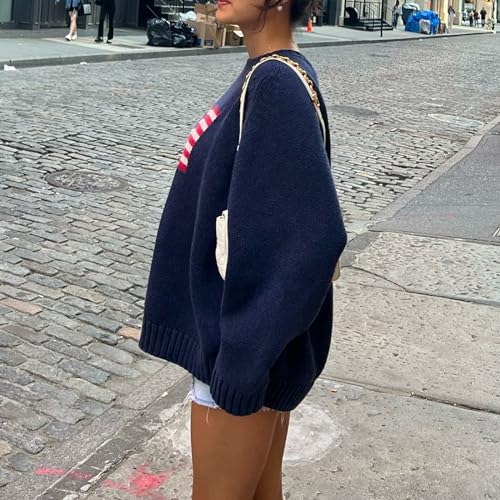 Women's American Flag Sweater Loose Long Sleeve Knit Pullover Top Vintage 4th of July Jumper Patriotic Knitwear4