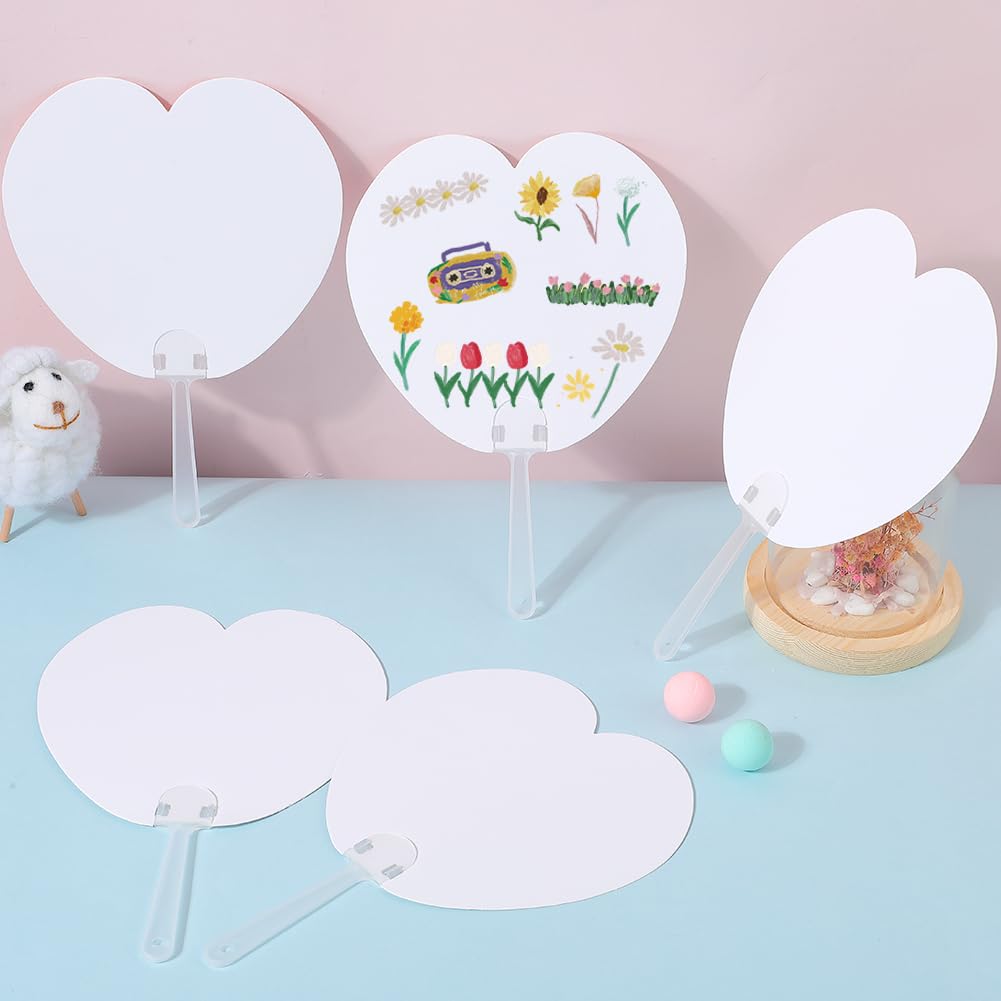 GORGECRAFT 16Pcs White Hand Held Paper Fan Handheld Fans Blank Heart Shape DIY Painting Fan Ornament with Plastic Handle for Church Wedding Parties DIY Birthday Fans Crafts Home