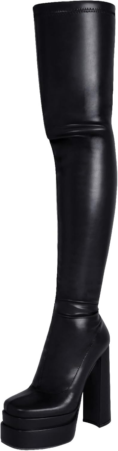 Women's Over The Knee Boots, Ladies Thigh High Stretch Boots Thick Heel Platform Large Size Square Toe Side Zipper Long Boots 15 Cm/5.90 Inches, 36 EU,Black