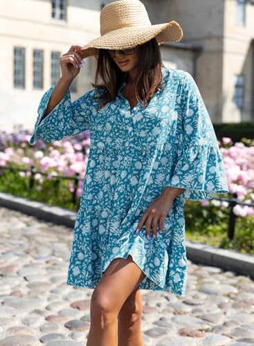 Image of miduo Womens Summer Dress Casual V Neck Buttoned 3 /4 Sleeve Bohemian Tribal Print Flowy Mini Dresses