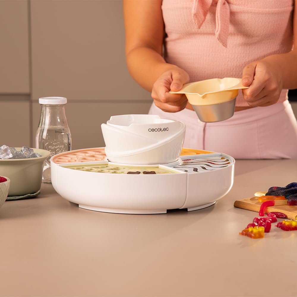 Cecotec Máquina de Hacer Golosinas Fondue de Chocolate Gummy Maker Fun&Sugar Gummy. 2 en 1, 40 W, 4 Moldes de Silicona, 4 Bandejas Desmontables, Diseño Compacto, Fácil de Limpiar