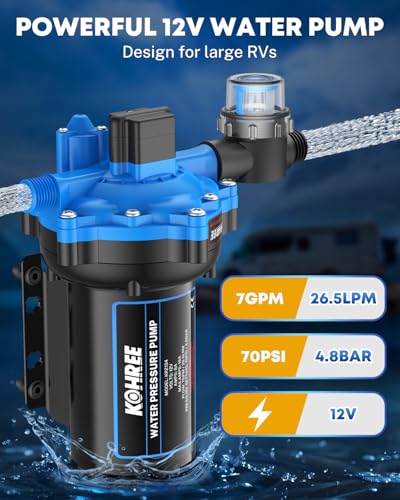 Image of Kohree 12V RV Water Pump 7GPM 70 PSI, Self-Priming 5-Chamber Diaphragm Pump | High Flow, Stable Pressure, Quiet Pump with Pressure Switch, Strainer, Thermal Protection, RV Marine Freshwater System Use