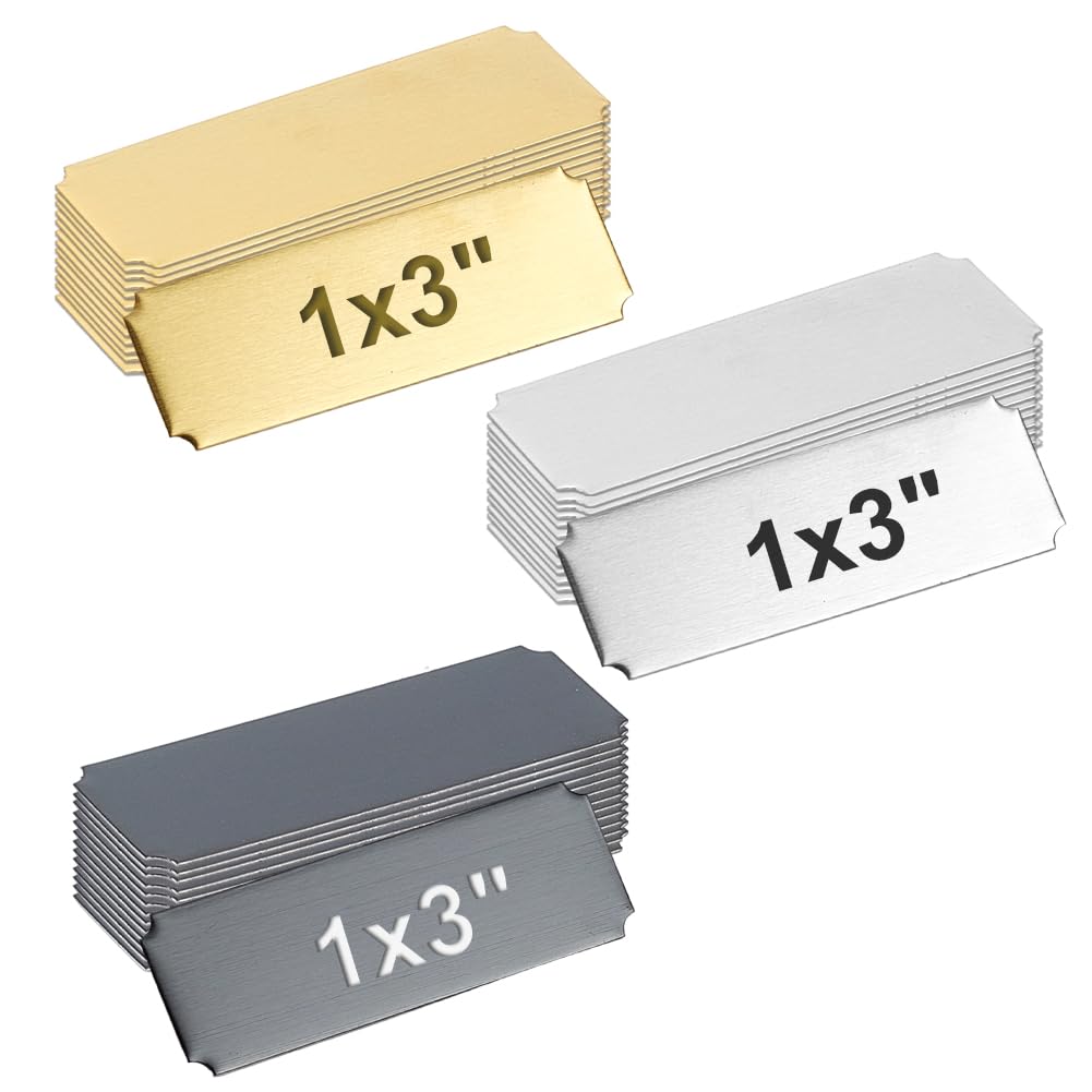 48 placas de identificación de 3 colores grabadas, placas de metal personalizadas de 3 x 1 pulgada, placa de metal en blanco con respaldo adhesivo para trofeos, manualidades y decoración del