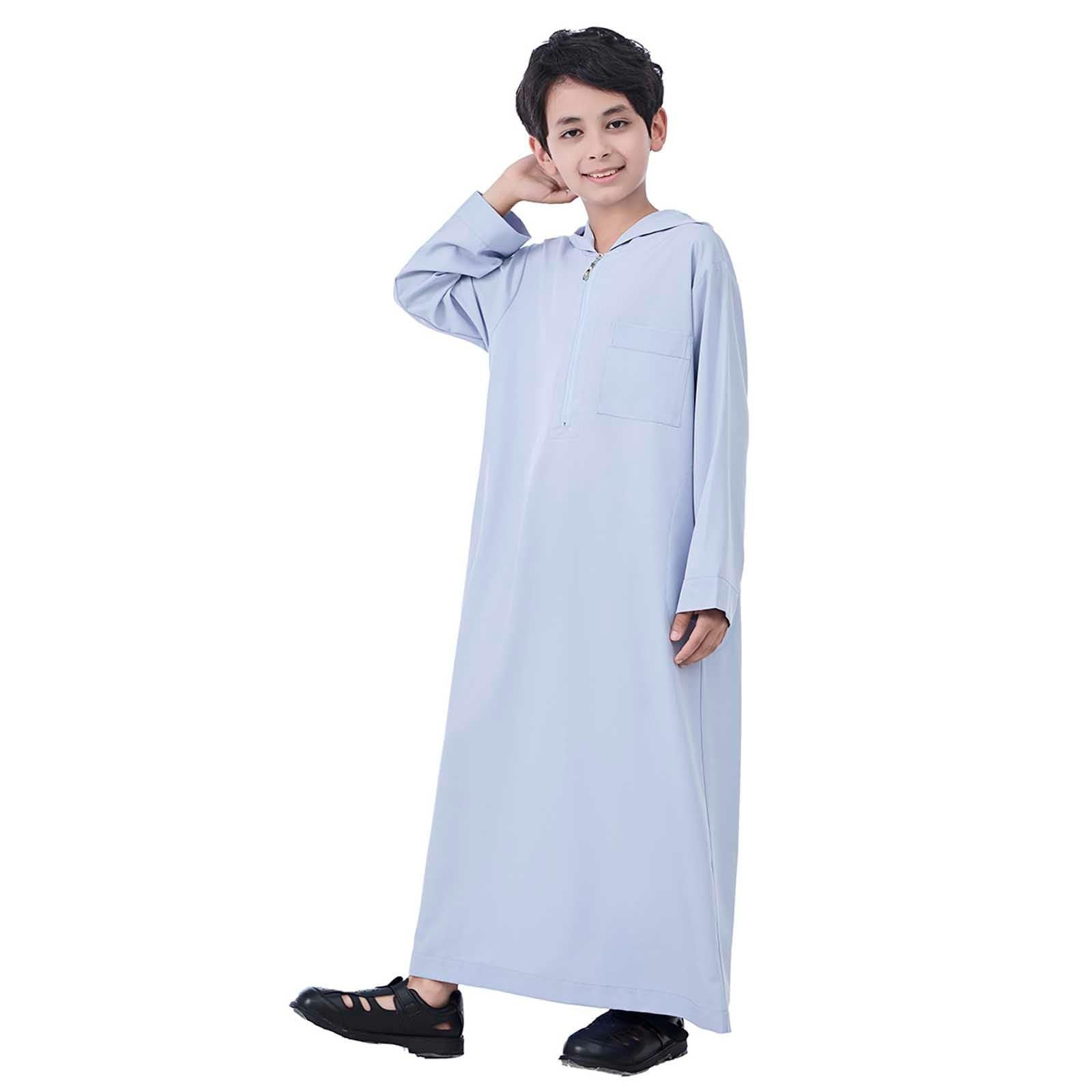 Eid ubrania dla chłopców z długim rękawem z kapturem biały Thobe zamek muzułmański szlafrok wygodny islamski arabski dubaj hidżab szlafrok Jubba na meczet Eid ul-Fitr nabożeństwa i uroczystości