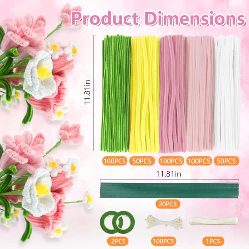 GENHH Pfeifenreiniger Blumen Bastelset, 400 Stück Pfeifenputzer zum Basteln, Bouquet Pfeifenreiniger Set 5 Farben Pipe Cleaner Chenilledraht für DIY Blumenstrauß Papier Geschenke Dekorieren(Rosa)