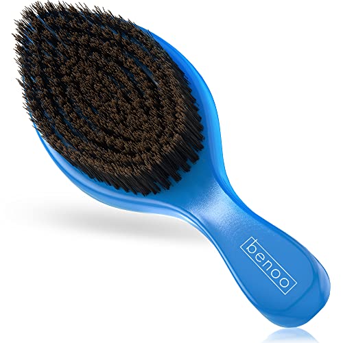 Benoo Wave Brush (Blue) - Medium Boar & Nylon All Stages 360 Wave Brush For Men 360, Curved Medium Wave Brush, Nylon & Boar Bristle Hair Brush, Works with Durag and Wave Cap
