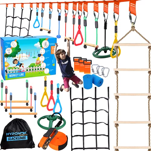 Hyponix 50' Ninja Warrior Obstacle Course for Kids - W/ Net - Weatherproof - Ninja Slackline - Kids Obstacle Course - Ninja Course for Kids Outside - Outdoor Toys - Ninja Slack Line