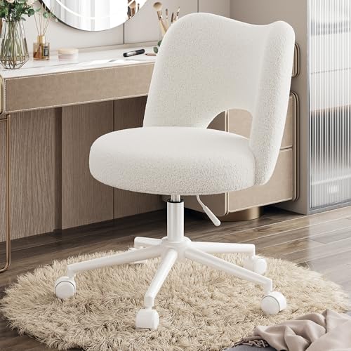 Klyvvo Chaise de Bureau en Roues, Chaise de Maquillage en Peluche Respirante, Chaise de Bureau Réglable en Hauteur, Chaise Pivotante pour Chambre, Salon, en Cadeau pour la Famille, 150kg, Blanc