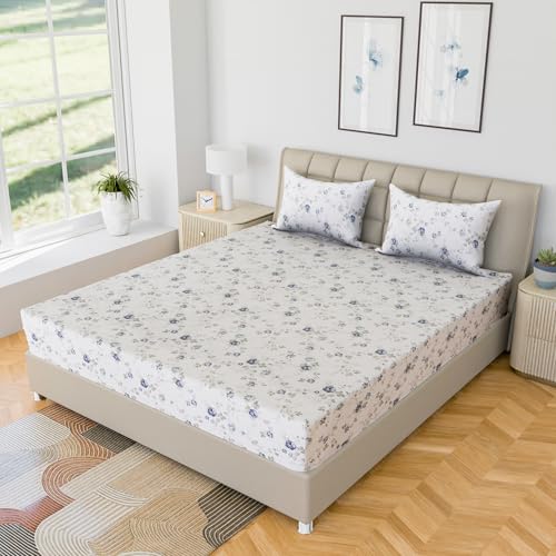 Image of LINENWALAS 100% Cotton Fitted Bed Sheet for King Size Bed, Printed All Around Elastic Bedsheet (72 x 78 Inches) with 2 Pillow Covers | 210 TC Soft, Breathable, Luxury Bedsheet (Blue Sapphire)