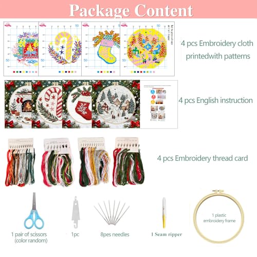 Image of Zhenqing 11 Count Stamped Cross Stitch Kits for Adults Beginners, Hand Embroidery Christmas Ornaments kit with Instructions Embroidery Hoops,Christmas Stocking-Four-Piece Set(68446)