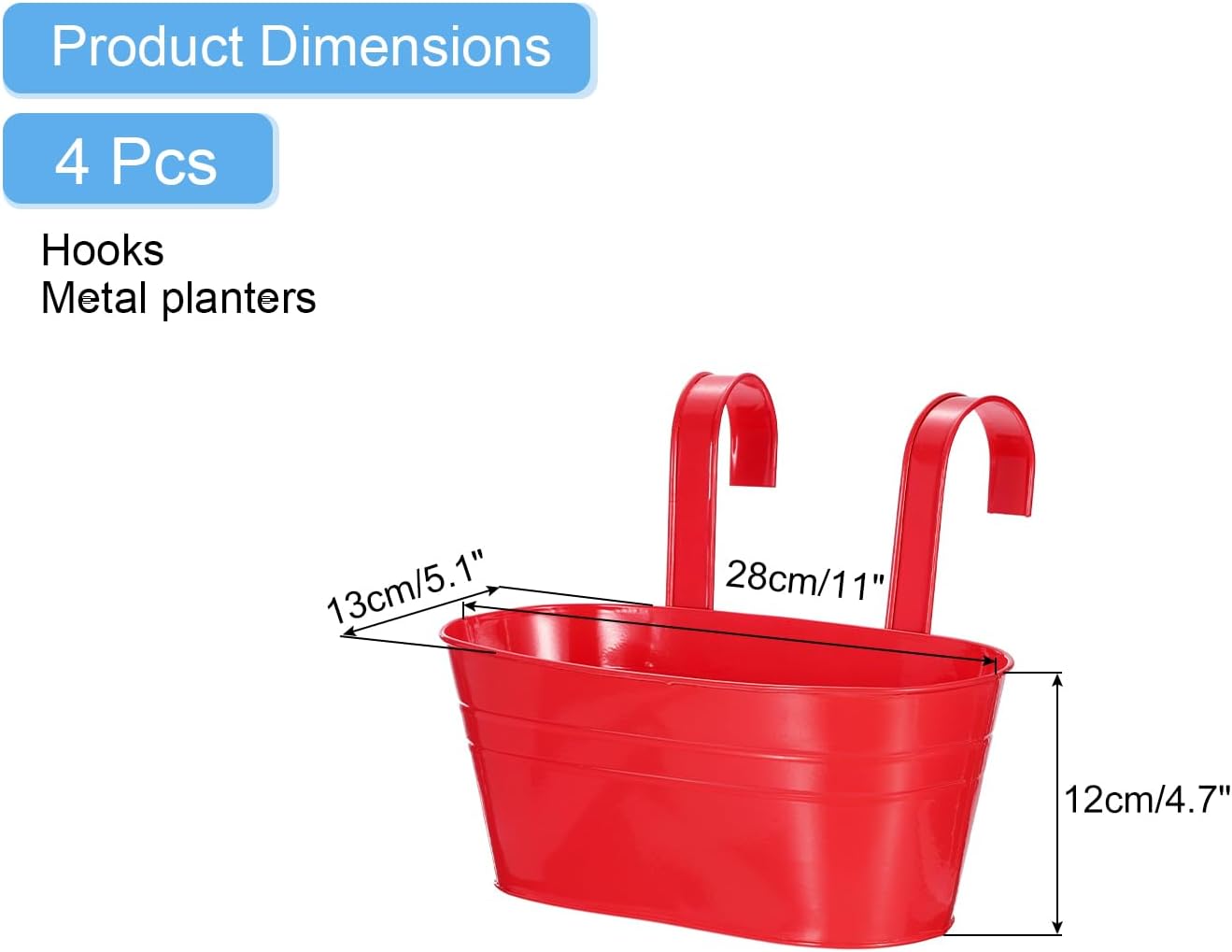 uxcell Rail Planter for Outdoor Plants, 4 Pcs 11" Iron Wall Hanging Planters Fence Railing Balcony Planters with Drainage Holes and Detachable Hooks, Red