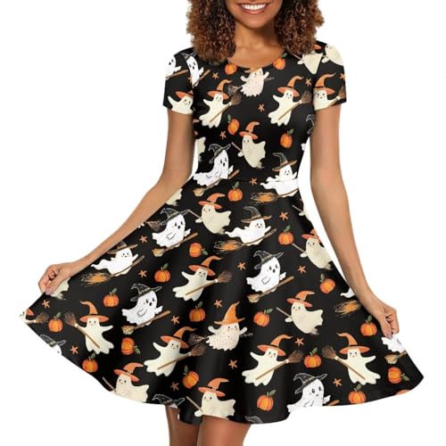 Image of POLERO Women Puffy Swing Elegant Party Midi Dresses Short Sleeve Round Neck A-Line Dress