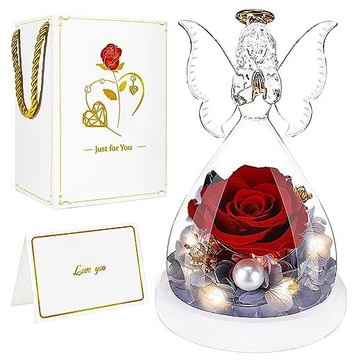 BoriYa Ángel Rosa Eterna - Roja Flor Eterna con Luz LED y Perlas, Rosa Eterna Natural Preservada en Cupula de Cristal, Romantico Angeles Forever Rose Regalo San Valentin para Mujer, Amigos, Madre