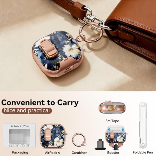 Image of for AirPod 4 Case, with Safty Lock & Phone Stand for Floral AirPod 4 Generation Case Cover for Women Girly, iPod 4 Cases with Keychain & Cleaner Kit -Blue Gold Flower